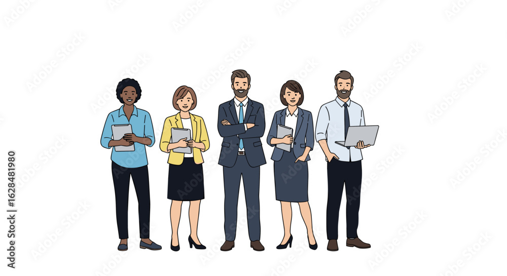 Obraz premium Diverse professional business team standing together holding folders and laptops ready to collaborate effectively