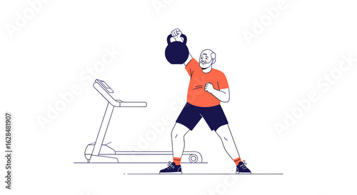 Man performing kettlebell workout at home with treadmill in the background for an active lifestyle