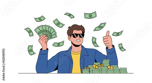 Excited man enjoying financial success and abundant wealth with falling cash and thumbs up gesture
