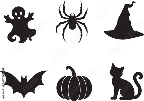 Spooky Halloween icons ghost spider witch hat bat pumpkin cat