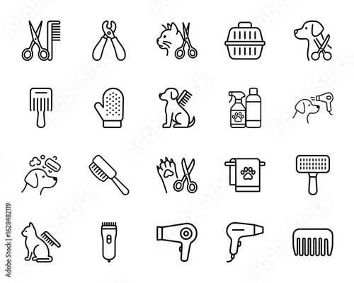 Pet Grooming Icons Set – Vector Line Icons of Dog, Cat Care Tools, Haircut, Brush, Nail Clipper, Shampoo, Dryer, Paw Towel, Comb, Spray Bottle – Vet & Pet Salon Equipment Collection