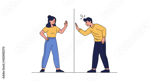 Couple standing apart divided by a wall experiencing relationship difficulties and conflict