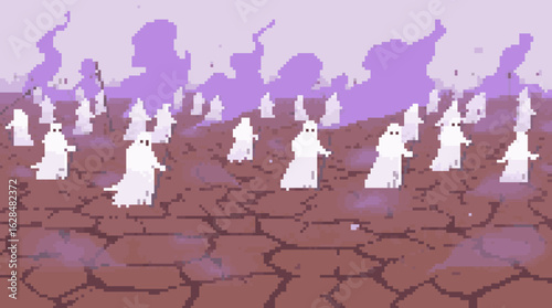 Ethereal Figures Amidst a Desolate Pixel Landscape