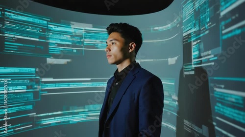 Businessman in a suit is analyzing lines of code projected on a large curved screen in a dark, futuristic setting, showcasing innovation and technological advancement