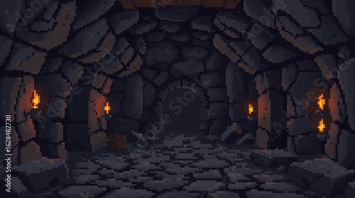 Mysterious Dungeon with Flickering Torches and Stone Walls