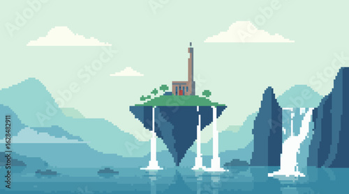 Floating Island with Waterfalls and Mountain Background