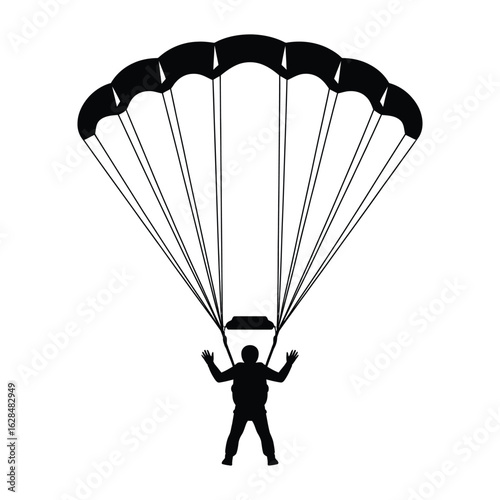 Silhouettes of parachutes fully deployed with skydivers floating, steering, and landing in black and white