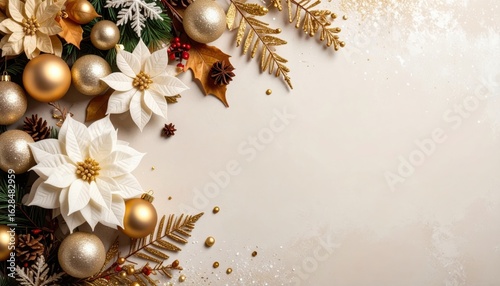 Elegant christmas floral arrangement with gold accents festive decor holiday celebration indoor setting overhead view seasonal design