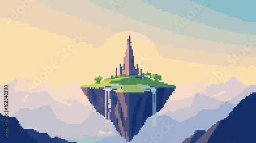 Floating Castle Above Majestic Landscapes in Pixel Art
