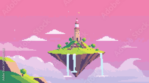 Floating Island with a Tower and Waterfalls