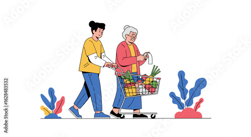Kind young person assists elderly woman with grocery shopping and daily errands in a caring manner