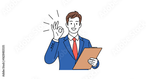 Business professional confidently gives thumbs up approval while holding document confirmation of success and good results