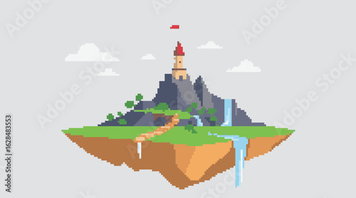 Pixel Art Fantasy Island with Castle and Waterfalls