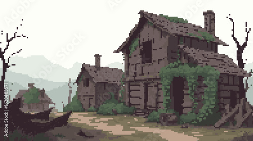 Abandoned Village with Overgrown Houses and Nature