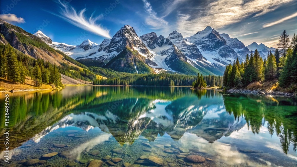 Fototapeta premium Clear Mountain Lake Reflecting Snow Capped Peaks