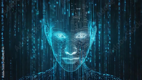 Humanoid face consisting of glowing digital circuits emerging from a stream of binary code, symbolizing the concept of artificial intelligence and its growing presence in modern world