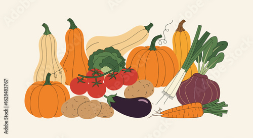 A bountiful harvest of fresh autumn vegetables including pumpkins squash tomatoes leeks potatoes carrots eggplant onions and broccoli displayed artfully together in a natural arrangement
