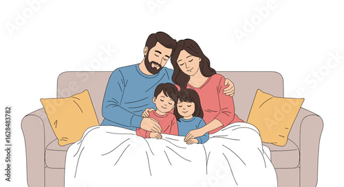 A warm family gathering cozying up together under a blanket on a sofa sharing precious moments of love and connection