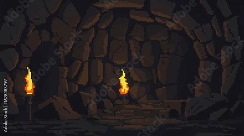 Dimly Lit Dungeon with Flickering Torches