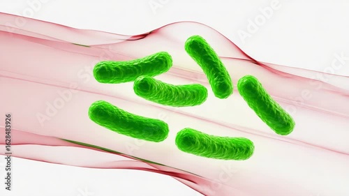 Rod-shaped bacteria are flowing through bloodstream, representing infection or contamination, highlighting microscopic world of microorganisms and their impact on human health