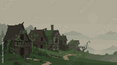 Misty Abandoned Village in a Pixelated Landscape