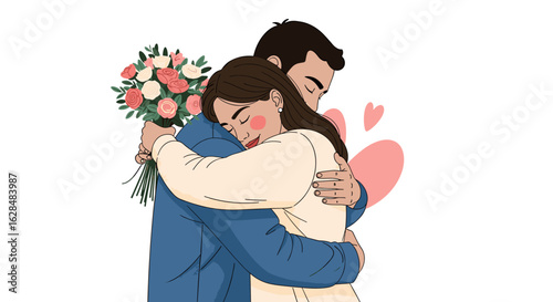 A loving embrace cherishing each other's presence with a bouquet of flowers