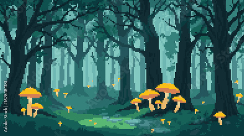 Mystical Pixel Forest with Glowing Mushrooms