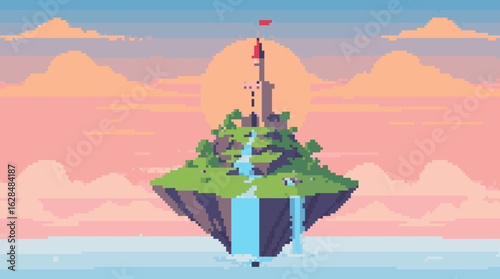 Serene Pixelated Island with Tower and Waterfalls