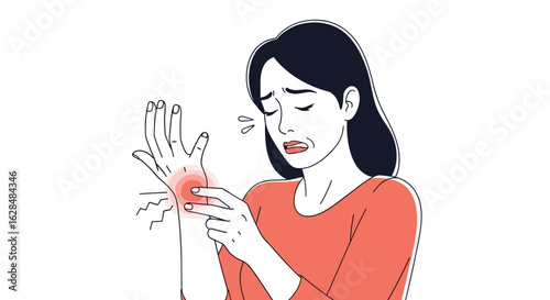 Young woman experiencing severe pain in her wrist due to a sharp injury or inflammation causing discomfort