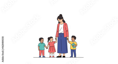 A teacher holds the hands of three young children in a friendly and supportive classroom interaction fostering early childhood development and learning experiences