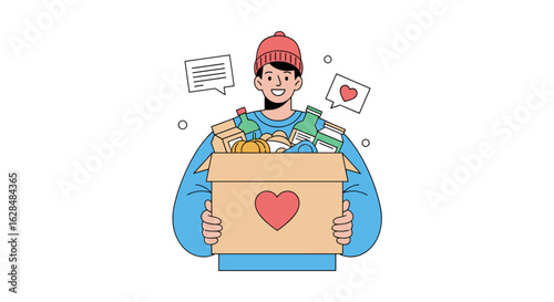 Person holding donation box filled with goods spreading kindness and support through generosity helping others