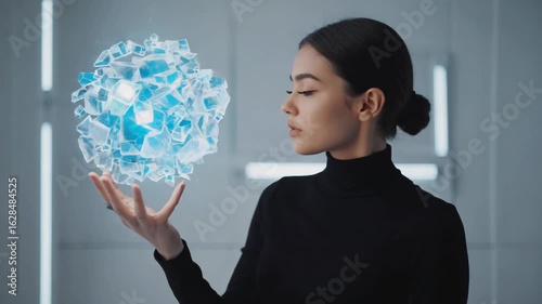 Female scientist wearing a black turtleneck, holding and examining a floating digital sphere composed of shimmering light shards in a cutting-edge laboratory environment