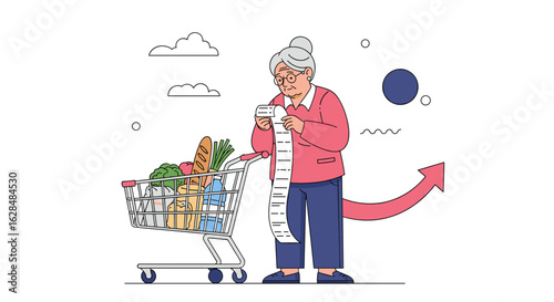 Elderly woman reviews long grocery receipt with rising prices symbolizing inflation impact