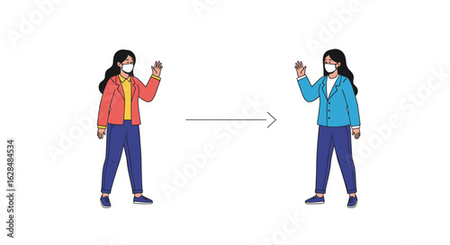 Maintaining physical distance between two individuals wearing face masks demonstrates public health awareness and safety measures