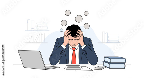 Overwhelmed businessman struggling with workload and stress in office setting with laptop books and papers demonstrating mental fatigue