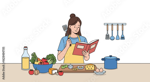 A woman reading a recipe book while preparing ingredients for a healthy meal in a bright kitchen environment