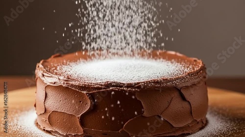 Icing sugar being dusted over chocolate cake