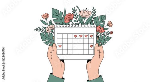 Tracking menstrual cycle and health habits with a calendar and flowers illustration