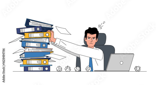 Overwhelmed professional struggling with immense paper pile at desk and computer workstation