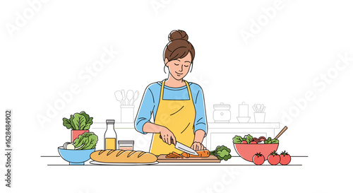 Young woman enthusiastically preparing a fresh healthy salad and other delicious foods in her bright kitchen