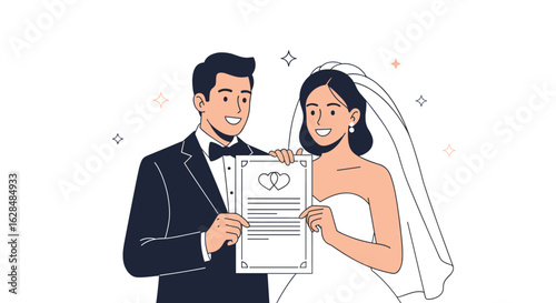 A joyful newlywed couple proudly presents their official marriage certificate document for celebration