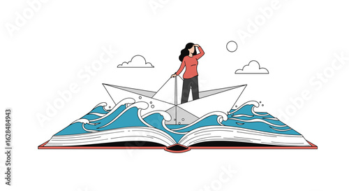 Imagination takes flight on a paper boat sailing through an open book ocean