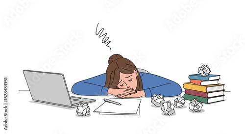 Tired student struggling with a difficult assignment late at night surrounded by crumpled papers and books in a disorganized workspace