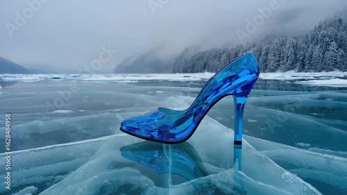 Transparent blue high heel shoe standing on a frozen lake surface, reflecting on the ice with a snowy forest in the background, creating a magical winter wonderland atmosphere