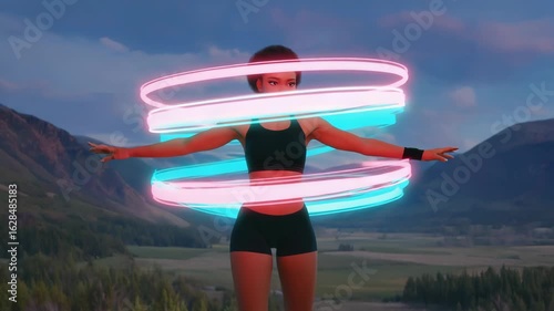 Fitness technology empowers a woman, visualizing her body's activity data in augmented reality with colorful neon rings, enhancing her workout experience against a backdrop of majestic mountains
