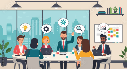 Diverse Team Brainstorming Innovative Ideas During Meeting In Modern Office