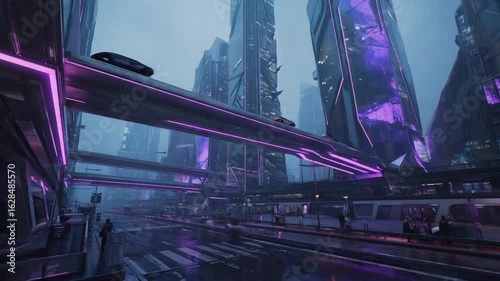 Elevated roads glowing with purple neon lights create a vibrant atmosphere in a futuristic city street, where pedestrians wait for public transport amidst the rain