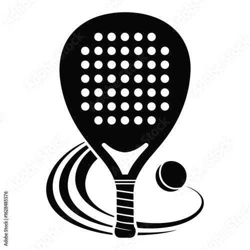 Simple padel paddle with ball trail showing motion effect, black and white silhouette vector isolated design illustration