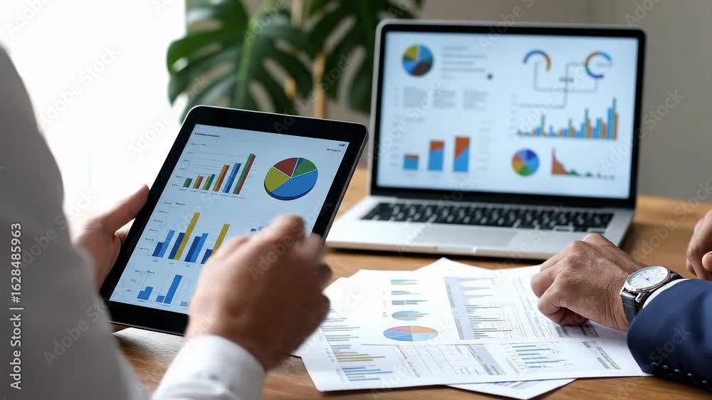 Über die Schulter von zwei jungen männlichen Kollegen teilen Einblicke in potenzielle Wachstumsbereiche bei der Überprüfung von Finanzpapieren am weißen Tisch mit digitalem Tablet und Laptop