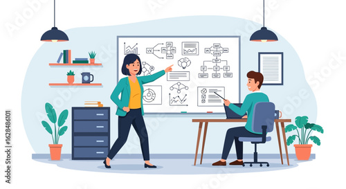 Woman Explaining Business Strategy to Colleague in Office Setting